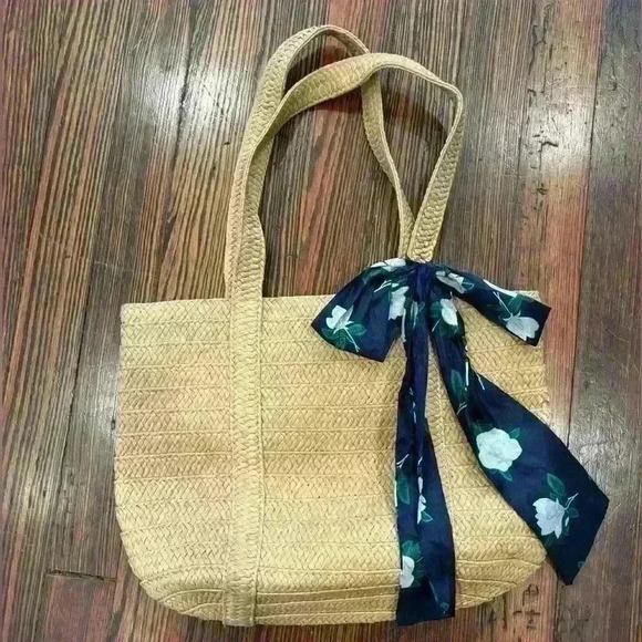 Draper James Everyday Straw Bag with Floral Scarf Beach Tote Purse - Picture 2 of 5